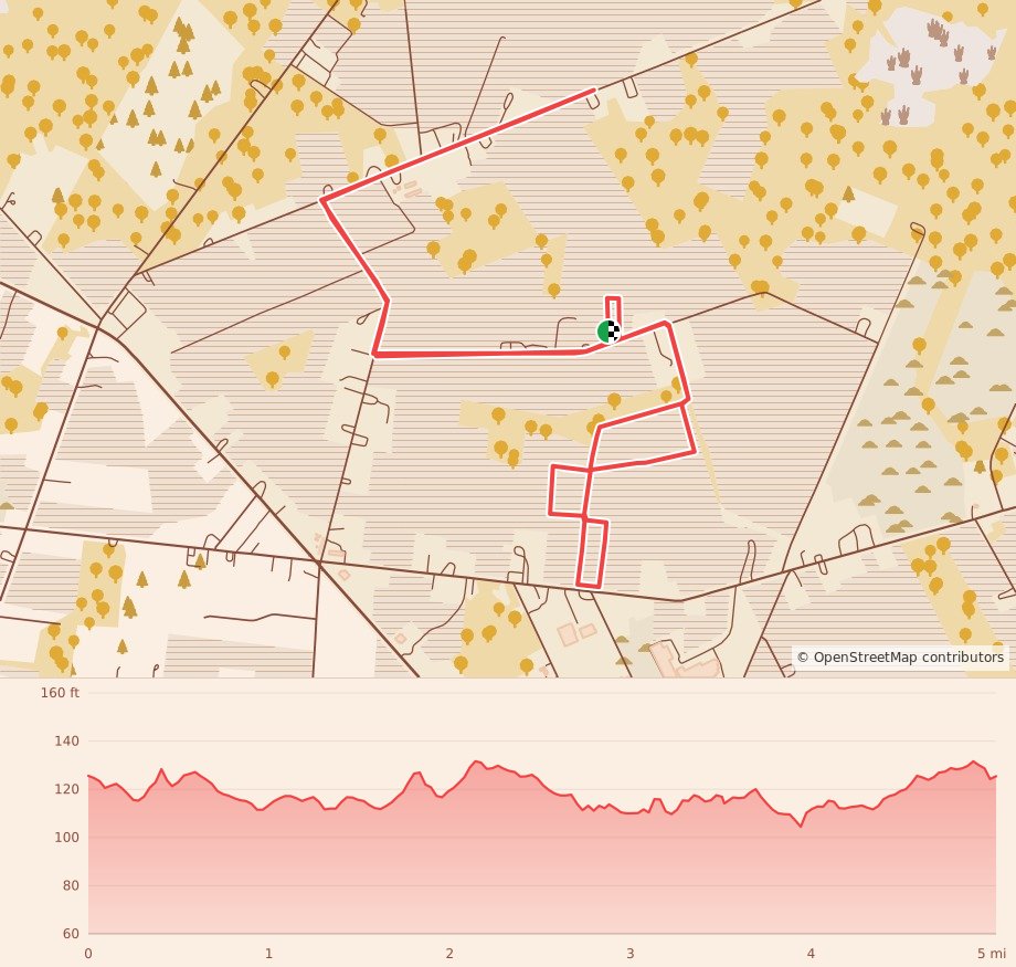 Run the Vineyards 5 Miler at Bellview Winery - 5 Miles course map and elevation profile