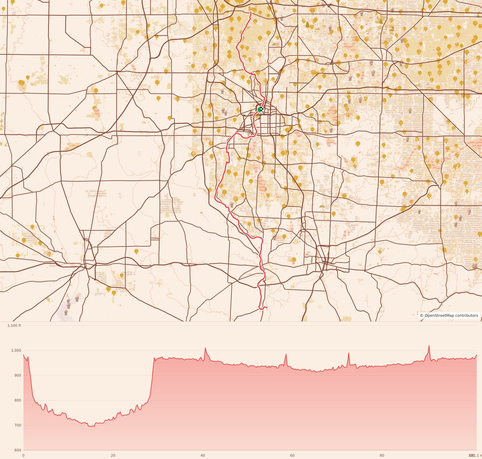 Canal Corridor Endurance Run - 100 Mile course map and elevation profile