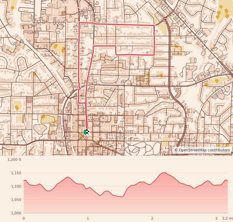 Sleighbells on the Square 5K - 5K course map and elevation profile