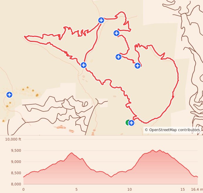 Sawmill Trail Runs - 16 Miles course map and elevation profile