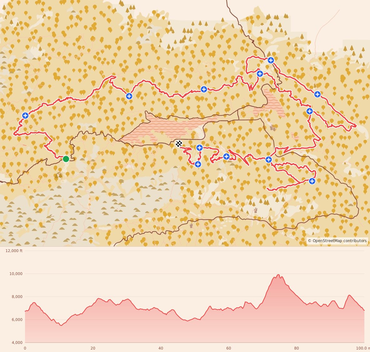 Kodiak - 100 Miler course map and elevation profile