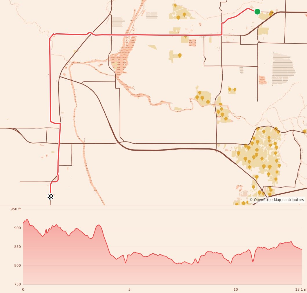 Route 66 Race Across Kansas - 1/2 Marathon course map and elevation profile
