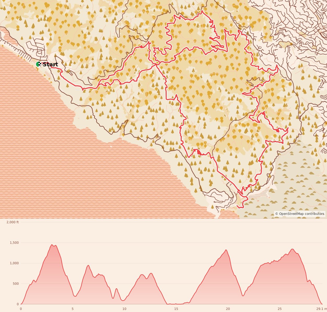 Mt. Tam Trail Run - 50K course map and elevation profile