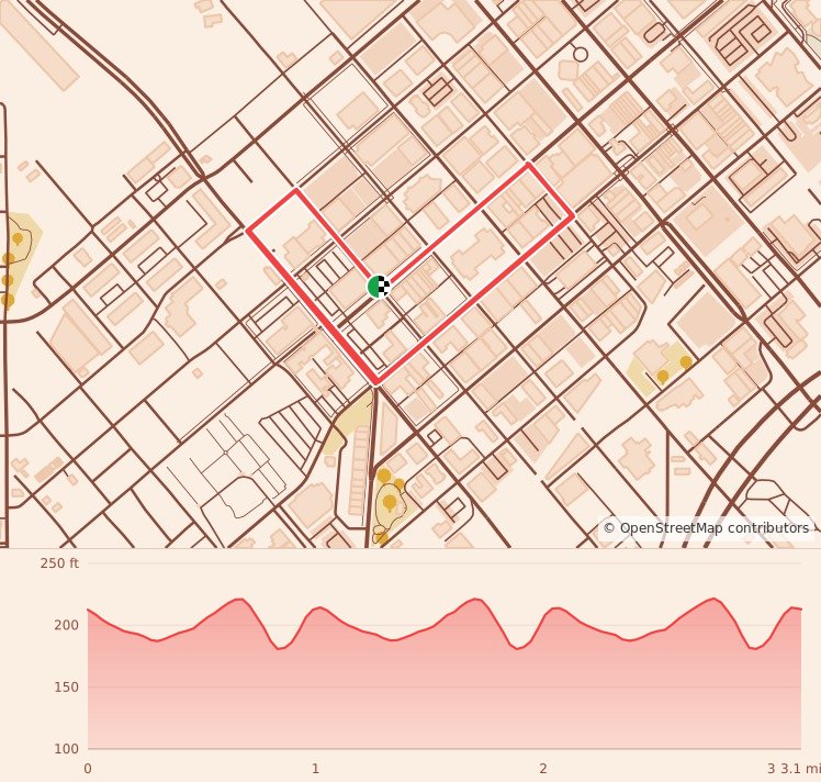 Downtown Christmas Run - 5K course map and elevation profile
