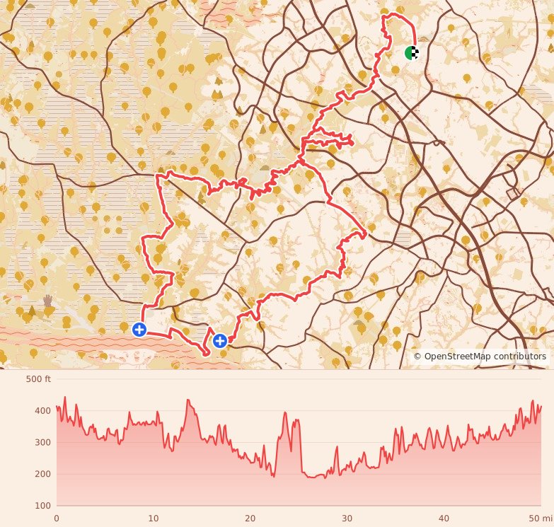 MCRRC Stone Mill 50 Mile Run - 50 Miles course map and elevation profile