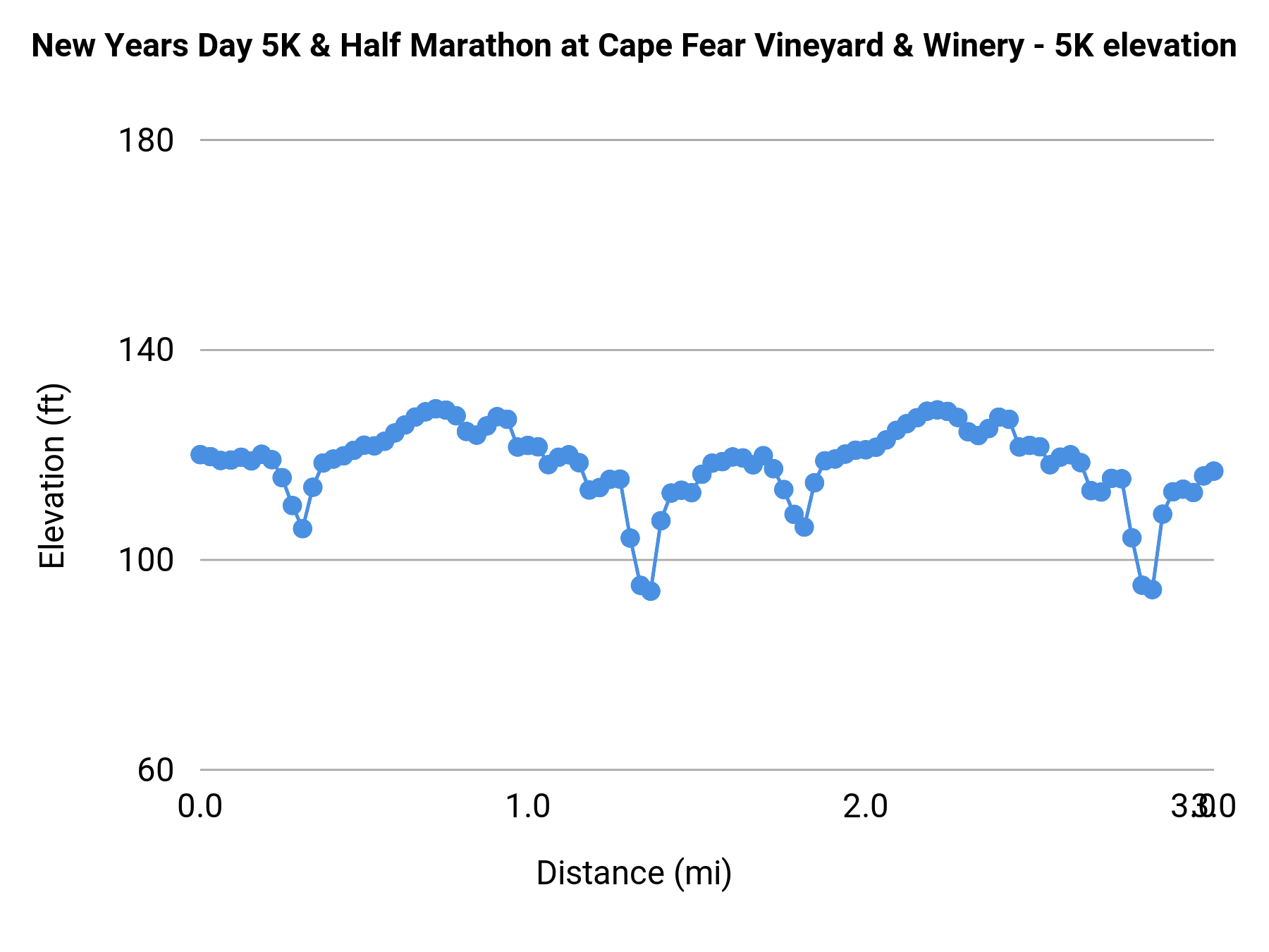 New Years Day 5K & Half Marathon at Cape Fear Vineyard & Winery - 5K elevation profile