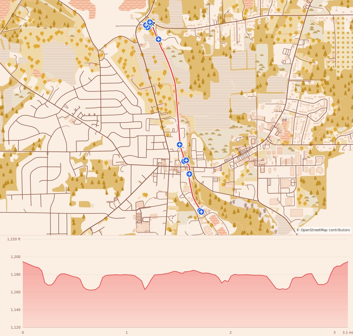 Mansfield and Lexington Turkey Trot - 5K course map and elevation profile