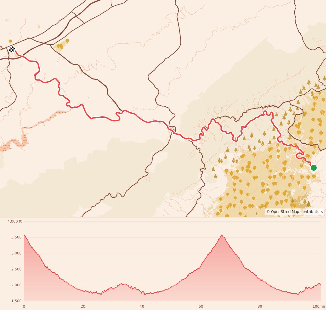 Yeti 100 Mile Endurance Run - 100 Miler course map and elevation profile