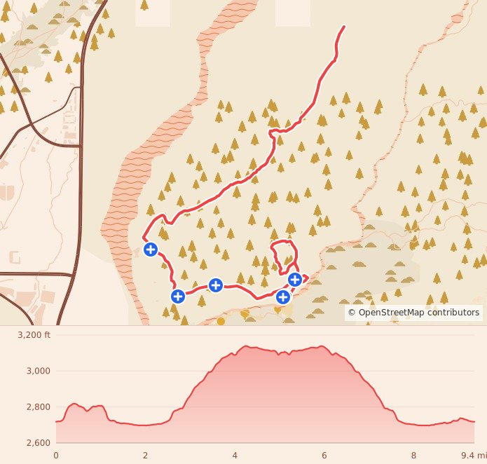 Catalina State Park 50-Year Trail Race - 9.3 Mile course map and elevation profile