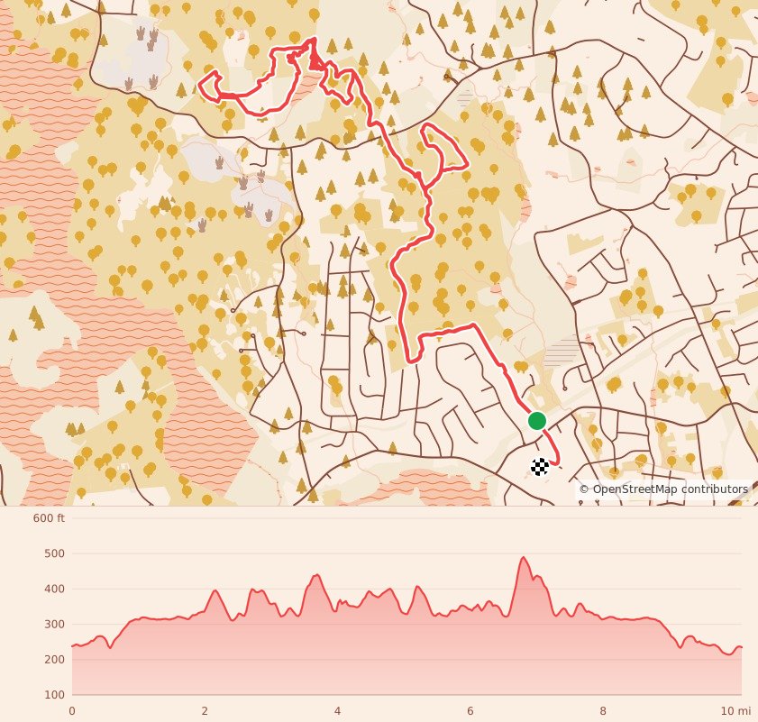 GFRC Busa Bushwhack Trail Races - 10 Miles course map and elevation profile